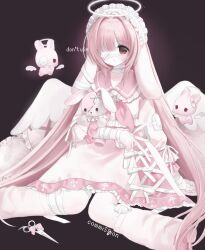 Rule 34 | 1girl, 2000s (style), angel wings, brown eyes, commission, dress, highres, maid headdress, original, pink dress, pink hair, rabbit, rabbit girl, sitting, wings, xxxtsv