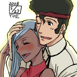 00s 1boy 1girl bare_shoulders blush head_rest code_geass couple cpt dark_skin closed_eyes happy head_rest headband hetero ikeda_(cpt) ohgi_kaname silver_hair sleeveless sleeveless_turtleneck smile turtleneck villetta_nu
