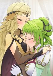 2girls absurdres armor azuki_(azuki_azukki) blonde_hair blush breasts cape capelet circlet cleavage closed_eyes fire_emblem fire_emblem:_the_sacred_stones fire_emblem_fates fire_emblem_heroes green_capelet green_hair hand_on_another&#039;s_hip hand_on_another&#039;s_shoulder highres kiss kissing_breast l&#039;arachel_(fire_emblem) long_hair medium_breasts multiple_girls nintendo ophelia_(fire_emblem) short_hair smile twintails yellow_cape yuri