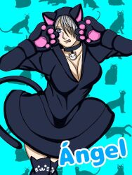 1girl angel_(kof) animal_ears animal_hood blue_eyes breasts cat cat_ears cat_girl cat_hood cat_paws costume female_focus gloves hood large_breasts looking_at_viewer pale_skin rtrmftlfury_jp short_hair skirt socks tail the_king_of_fighters thighs tongue tongue_out white_hair