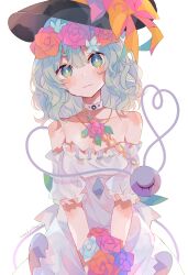 absurdres artist_name bare_shoulders bikini black_hat blue_flower blush bouquet bow breasts bright_pupils buttons chain choker cleavage closed_mouth collarbone commentary_request cowboy_shot diamond_button dress flower frilled_dress frills gold_chain green_eyes grey_hair hair_flower hair_ornament hat hat_bow hat_ribbon head_wreath heart heart_of_string highres holding holding_bouquet komeiji_koishi looking_at_viewer medium_breasts medium_hair off-shoulder_dress off_shoulder pink_flower purple_flower red_flower ribbon simple_background strapless strapless_bikini swimsuit third_eye touhou umemaro_(siona0908) white_background white_choker white_dress white_pupils yellow_bow yellow_flower yellow_ribbon