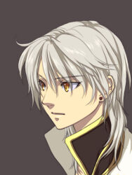 1boy closed_mouth commentary_request earrings expressionless gold_trim grey_background grey_hair jewelry looking_afar male_focus medium_hair niuya priest_(ragnarok_online) ragnarok_online simple_background solo stud_earrings yellow_eyes