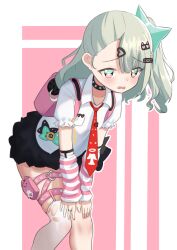 1girl absurdres backpack bag black_skirt blush bow chinatsu_remiel collarbone collared_shirt detached_sleeves edmundnfk fang feet_out_of_frame green_hair grey_hair hair_between_eyes hair_bow hair_ornament hairclip hands_on_own_knees highres layered_sleeves leaning_forward leg_ribbon long_hair long_sleeves necktie one_side_up pink_background pleated_skirt puffy_long_sleeves puffy_short_sleeves puffy_sleeves red_necktie ribbon shirt short_over_long_sleeves short_sleeves single_thighhigh skirt sleeves_past_wrists solo thighhighs two-tone_background virtual_youtuber wavy_mouth white_background white_shirt white_sleeves white_thighhighs zenless_zone_zero
