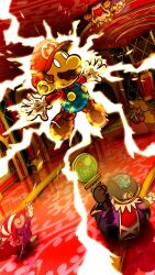 Rule 34 | 3boys, 3girls, artist name, blonde hair, blue overalls, bowser, crown, earrings, electrocution, facial hair, gloves, hat, highres, holding, holding staff, indoors, jewelry, kammy koopa, maribou (supermaribou), mario, mario (series), multiple boys, multiple girls, mustache, nintendo, nose, overalls, paper mario, paper mario: the thousand-year door, paper mario (character), princess peach, reaching, red hat, red shirt, shirt, sir grodus, sphere earrings, staff, vivian (paper mario), white gloves