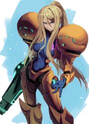 1girl absurdres arm_cannon armor blonde_hair blue_bodysuit blue_eyes bodysuit cannon hair_between_eyes high_ponytail highres impossible_clothes jesse_schickler long_hair looking_at_viewer metroid metroid:_other_m mole mole_under_mouth nintendo ponytail power_armor power_suit power_suit_(metroid) samus_aran solo tsurime varia_suit very_long_hair weapon zero_suit
