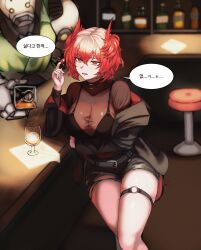 1girl absurdres alcohol arknights arm_under_breasts bar_(place) bar_stool black_shorts bodystocking bottle breasts bright_pupils cleavage commentary counter covered_collarbone crossed_legs cup drink drinking_glass english_commentary fiammetta_(arknights) gomsang-oh hair_between_eyes hand_in_own_hair highres indoors korean_text large_breasts long_sleeves mixed-language_commentary o-ring o-ring_thigh_strap red_eyes red_hair robot see-through_clothes short_hair short_shorts shorts sitting speech_bubble stool thigh_strap translation_request twirling_hair white_pupils