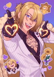 1boy artist_name black_gloves black_shirt blonde_hair bloominflowers chest_tattoo chibi chibi_inset collared_shirt flower gloves heart heart-shaped_pupils highres jacket jewelry looking_at_viewer luca_kaneshiro luca_kaneshiro_(1st_costume) male_focus necklace nijisanji nijisanji_en open_mouth pointing pointing_at_viewer purple_eyes ring shirt striped_clothes striped_jacket symbol-shaped_pupils tattoo teeth upper_body white_jacket yellow_flower