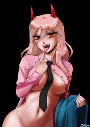 +_+ 1girl artist_name bottomless breasts chainsaw_man demon_girl demon_horns hair_between_eyes highres horns john_joseco large_breasts long_hair looking_at_viewer pink_shirt power_(chainsaw_man) red_eyes red_horns sharp_teeth shirt signature teeth tongue tongue_out unbuttoned