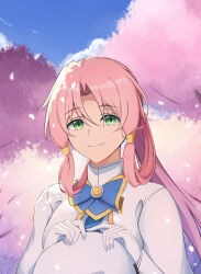 1girl absurdres aria_(manga) aria_company_uniform beret blue_bow blue_bowtie blue_sky bow bowtie breasts cherry_blossoms closed_mouth day eyelashes falling_petals gloves gold_trim green_eyes hair_rings hair_tubes hands_up hat highres holding holding_unworn_clothes holding_unworn_hat long_hair long_sleeves looking_at_viewer mizunashi_akari official_alternate_hairstyle outdoors parted_bangs petals pink_hair ponytail reinaz shadow signature sky smile solo unworn_hat unworn_headwear upper_body very_long_hair white_gloves winter_uniform