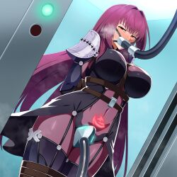1girl absurdres amibanottoki armor arms_behind_back bdsm between_breasts blush bodysuit bondage bound bound_arms bound_legs breasts commentary_request covered_navel fate/grand_order fate_(series) gagged highres in_container large_breasts long_hair pauldrons pubic_tattoo purple_bodysuit purple_hair red_eyes restrained scathach_(fate) shoulder_armor strap_between_breasts sweat tattoo tube