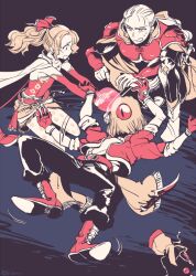 Rule 34 | 1girl, afterimage, arm armor, armor, bare shoulders, belt, black pants, blonde hair, boots, breasts, cape, casting spell, creature, creature on head, detached sleeves, dress, earrings, edgar roni figaro, final fantasy, final fantasy vi, gloves, hair ribbon, high ponytail, jacket, jewelry, kneeling, limited palette, locke cole, long hair, looking at another, looking at creature, low ponytail, lying, motion lines, on back, one-eyed, open mouth, pants, pauldrons, polka dot pantyhose, ponytail, red boots, red gloves, red jacket, red sleeves, ribbon, sash, scabbard, sheath, shoulder armor, slit pupils, small breasts, strapless, strapless dress, sweatdrop, tina branford, tube dress, waist sash, waving arms, yukataro