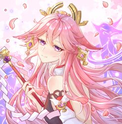 1girl animal_ears back bare_shoulders closed_mouth detached_sleeves falling_petals fox fox_ears from_side genshin_impact hair_ornament holding looking_at_viewer oriane petals pink_background pink_hair purple_eyes shirt sleeveless sleeveless_shirt smile solo upper_body white_shirt yae_miko