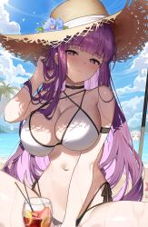 2girls :3 =_= absurdres alternate_costume arm_strap bare_shoulders beach between_legs bikini black_choker breasts bright_pupils choker cleavage closed_mouth cup day drinking_glass expressionless fern_(sousou_no_frieren) flower frieren hand_between_legs hand_up hashtag-only_commentary hat hat_flower highleg highleg_bikini highres large_breasts multi-strapped_bikini_bottom multi-strapped_bikini_top multiple_girls navel outdoors pekoku_(tamago_sushi) purple_eyes purple_hair side-tie_bikini_bottom sitting solo_focus sousou_no_frieren spread_legs stomach straw_hat string_bikini swimsuit thighs wet white_bikini wine_glass