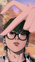 1boy black_hair blush city glasses grey_eyes highres jo_ja-hyun long_hair looking_at_viewer mullet open_mouth red_shirt shirt sky solo white_shirt wind_breaker