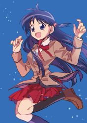 1girl black_socks blue_background blue_eyes blue_hair blunt_ends breasts brown_jacket brown_shoes collared_shirt foot_out_of_frame hair_tie happy highres jacket jumping light_blush loafers long_hair long_sleeves looking_ahead medium_breasts neck_ribbon open_mouth pleated_skirt red_ribbon red_skirt ribbon school_rumble school_uniform shirt shoes skirt smile socks solo suzuki_(2red_moon3) tsukamoto_tenma two_side_up w_arms white_shirt
