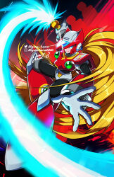 1boy android armor blonde_hair blue_eyes chest_jewel energy_sword forehead_jewel full_body gloves glowing guutara helmet highres holding holding_sword holding_weapon instagram_username long_hair looking_at_viewer male_focus mega_man_(series) mega_man_x_(series) ponytail red_armor red_helmet robot robot_ears shoulder_armor signature slashing smile solo sword twitter_username very_long_hair weapon white_gloves z_saber zero_(mega_man)