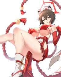 1girl :o animal_ears black_hair blue_archive blush breasts crop_top crop_top_overhang deatheach elbow_gloves gloves green_eyes hair_between_eyes halo highres japanese_clothes large_breasts okobo open_mouth pelvic_curtain platform_sandals red_gloves sailor_collar sandals short_hair simple_background skirt solo tabi thighs tsubaki_(blue_archive) underboob white_background