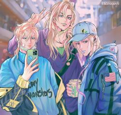Rule 34 | 3boys, alternate costume, american flag, american flag print, artist name, bandaid, bandaid on cheek, bandaid on face, baseball cap, black jacket, blonde hair, blue eyes, blue hat, blue jacket, blue nails, blue sweater, blurry, blurry background, cactus print, closed mouth, collarbone, commentary, cup, diego brando, disposable coffee cup, disposable cup, ear piercing, earrings, fingernails, flag print, from side, green eyes, green lips, green mask, gyro zeppeli, hair between eyes, hand up, hashtag-only commentary, hat, henoopd, highres, holding, holding cup, holding phone, hood, hooded jacket, hoodie, jacket, jewelry, johnny joestar, jojo no kimyou na bouken, long hair, looking at phone, looking at viewer, male focus, mask, mask pull, medium hair, mouth mask, multiple boys, open clothes, open jacket, outdoors, parted lips, phone, piercing, purple hoodie, smile, steel ball run, stud earrings, sweater, symbol-only commentary, teeth, upper body, v, yellow mask