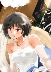 1girl amagami bare_shoulders black_hair blush bob_cut brown_eyes commentary_request dress earrings elbow_gloves female_focus gloves jewelry light_blush light_smile murasaki_iro nanasaki_ai necklace short_hair sleeveless sleeveless_dress solo tan tanline upper_body white_dress