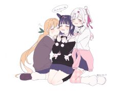 3girls :&lt; black_cardigan black_choker black_hair black_scrunchie black_skirt blonde_hair blunt_bangs blush bow bowtie bracelet brown_cardigan brown_shoes cardigan choker closed_mouth clothes_around_waist colored_tips cone_hair_bun crying earrings facial_mark flipped_hair folded_braid frown furrowed_brow gradient_hair green_ribbon gyaru hair_between_eyes hair_bun hair_intakes hair_ornament hair_ribbon hair_scrunchie heart heart_earrings heart_facial_mark heart_hair_ornament heart_sticker highres hug hug_from_side ima_(kon_kon_5) inda_karane jewelry kedarui_aashii kimi_no_koto_ga_dai_dai_dai_dai_daisuki_na_100-nin_no_kanojo kneeling kogal loafers long_hair long_sleeves loose_bowtie loose_socks low_twintails mark_under_eye medium_hair miniskirt multicolored_hair multiple_bracelets multiple_girls off-shoulder_cardigan ohananomitsu_high_school_uniform one_side_up open_mouth parted_bangs pink_bow pink_bowtie pink_hair pink_ribbon pink_scrunchie pink_shirt pink_sweater pink_thighhighs pleated_skirt pom_pom_(clothes) puff_of_air rabbit_earrings rabbit_symbol raised_eyebrows ribbon school_uniform scrunchie seiza shirt shoes simple_background sitting skirt socks streaked_hair sweater sweater_around_waist tearing_up thigh_marking thighhighs translated twintails twitter_username two-tone_hair usami_shiina v-shaped_eyebrows very_long_hair wavy_mouth white_background white_shirt white_shoes