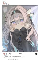 Rule 34 | 1girl, aroha252538, black hairband, black ribbon, black sleeves, black sweater, blue pupils, blush, closed mouth, desk, firefly (honkai: star rail), gradient hair, grey hair, hair between eyes, hair ornament, hair ribbon, hairband, hands on own face, highres, honkai: star rail, honkai (series), long hair, long sleeves, multicolored eyes, multicolored hair, on desk, ribbon, sitting, solo, sweater, two-tone eyes