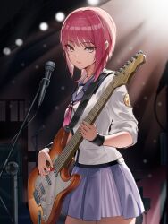 1girl angel_beats! blurry blurry_background commentary_request electric_guitar fender_stratocaster guitar heaven_burns_red highres holding holding_guitar holding_instrument holding_plectrum instrument iwasawa_masami looking_at_viewer marumoru microphone microphone_stand miniskirt music music_stand neckerchief pink_eyes pink_hair pink_neckerchief playing_instrument pleated_skirt plectrum purple_skirt school_uniform serafuku shinda_sekai_sensen_uniform short_hair skirt sleeves_rolled_up solo spotlight stage_lights wristband