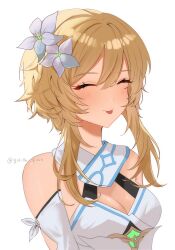 1girl ^_^ absurdres blonde_hair breasts cleavage closed_eyes flower genshin_impact grey_flower hair_flower hair_ornament highres hotaboshi_yazuki lumine_(genshin_impact) medium_breasts short_hair_with_long_locks sidelocks simple_background solo tongue tongue_out twitter_username upper_body white_background yaduki100