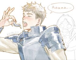 1boy 1girl armor breastplate closed_eyes dungeon_meshi eating holding keibleh laios_touden leech marcille_donato open_mouth pauldrons scared shoulder_armor simple_background solo_focus white_background