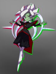 1boy black_bodysuit black_pants bodysuit boots chibi colored_skin dragon_ball dragon_ball_super earrings fused_zamasu green_skin grey_eyes grin halo jewelry long_sleeves looking_down pants pointy_ears potara_earrings red_sash sash smile smirk solo spiked_hair v621 white_footwear white_hair