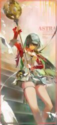 1girl absurdres animal astra_yao bare_legs bird blunt_bangs breasts character_name cleavage commentary_request crossed_legs dress hairband highres holding holding_polearm holding_weapon jewelry large_breasts long_hair long_sleeves looking_at_viewer miniskirt one_eye_closed open_mouth polearm puffy_long_sleeves puffy_sleeves purassi88 red_eyes red_sleeves skirt solo stairs thigh_strap thighs watson_cross weapon white_bird white_dress white_hairband zenless_zone_zero