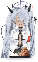 1girl absurdres armband black_ribbon black_skirt blue_archive breasts chicken_(food) chopsticks closed_eyes collared_shirt commentary dark-skinned_female dark_skin demon_tail facing_viewer food grey_hair hair_over_one_eye hair_ribbon highres holding holding_chopsticks iori_(blue_archive) long_hair maton_3110 own_hands_together pointy_ears red_armband ribbon rice shirt simple_background skirt solo tail translation_request triangle_mouth twintails white_background