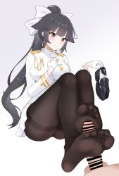 1boy 1girl absurdres azur_lane bar_censor black_hair black_panties black_pantyhose bow breasts brown_eyes censored closed_mouth commission cum_in_footwear epaulettes erection feet foot_focus footjob footjob_with_legwear foreshortening full_body gloves gold_trim gradient_background grey_background hair_bow highres holding holding_shoes holding_unworn_clothes impossible_clothes impossible_jacket jacket knees_up large_breasts legs long_hair military_uniform miniskirt no_shoes out_of_frame panties pantyhose penis pixiv_commission pleated_skirt ponytail shoes sidelocks skirt soles solo_focus takao_(azur_lane) thighband_pantyhose thighs toe_seam toenails toes two-footed_footjob underwear unworn_shoes very_long_hair white_bow white_gloves white_jacket white_skirt wl217_(nicexa111)