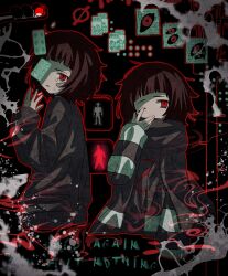 abstract abstract_background absurdres bandaid bandaid_on_face black_hair black_sweater blister_pack distortion english_text glass highres horror_(theme) jacket kaitenta1 milk milk-chan_(milk_series) milk_inside_a_bag_of_milk_inside_a_bag_of_milk multiple_views no_symbol one_eye_closed oversized_clothes pale_skin pill red_eyes short_bangs striped_clothes striped_jacket sweater tears traffic_light