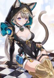1girl absurdres animal_ears arm_support black_gloves breasts cat_ears cat_tail checkered_floor cipher_(honkai:_star_rail) cipher_(honkai:_star_rail)_(cosplay) cleavage collarbone commentary commission cosplay english_commentary facial_mark fingerless_gloves genshin_impact gloves grey_hair highres honkai:_star_rail honkai_(series) hood looking_at_viewer lynette_(genshin_impact) mihoyo pouch purple_eyes scharamouch9 sitting small_breasts solo star_(symbol) tail thighs