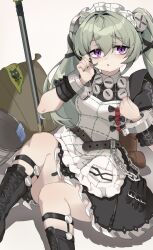 1girl animal_bag apron bags_under_eyes bear_bag belt black_dress black_nails breasts bucket chain commentary_request corin_wickes cuffs dkdkdk06-2 dress green_hair hair_between_eyes hands_up korean_commentary long_hair looking_at_viewer maid maid_apron maid_headdress medium_breasts on_ground puffy_short_sleeves puffy_sleeves purple_eyes screw_hair_ornament shadow short_sleeves simple_background solo twintails white_apron zenless_zone_zero