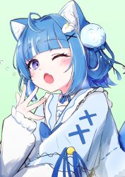 1girl :o ahoge animal_ears blue_bow blue_hair blue_ribbon blue_shirt blunt_bangs blush bow cat_ears eyelashes fang frilled_sleeves frills fuyuka_natsuki green_background hair_ornament hair_ribbon hair_rings hand_up indie_virtual_youtuber kurageu_roa long_sleeves looking_at_viewer multicolored_hair neck_ribbon one_eye_closed open_mouth outstretched_hand purple_eyes ribbon shirt short_hair sidelocks simple_background skin_fang solo squeans streaked_hair tearing_up upper_body virtual_youtuber white_streaks x_hair_ornament yawning