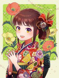 1girl blue_flower blush brown_hair commentary_request floral_print flower green_flower hair_flower hair_ornament highres japanese_clothes kimono looking_at_viewer makeup nagare750 nail_polish obi open_mouth original own_hands_together red_flower red_kimono red_nails sash solo upper_body white_flower yellow_eyes yellow_flower