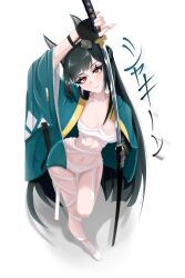 1girl absurdres animal_ear_fluff animal_ears bandages black_hair blush breasts fox_ears highres holding holding_sword holding_weapon hoshimi_miyabi katana long_hair looking_at_viewer nark0nix non-web_source red_eyes sword underwear weapon zenless_zone_zero