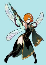 1girl :d :o absurdres armpits atlus blue_background blue_eyes cianter commentary company_connection cosplay_request dress english_commentary etrian_odyssey fairy fairy_wings full_body gallica_(metaphor:_refantazio) gold_trim green_dress hair_over_one_eye highres himukai_yuuji_(style) holding holding_sword holding_weapon looking_at_viewer metaphor:_refantazio official_style open_mouth orange_hair pointy_ears simple_background smile solo sword thighs weapon wings