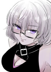 1girl absurdres black_dress breasts cleavage cleavage_cutout closed_mouth clothing_cutout commentary dress fate/grand_order fate_(series) glasses grey_hair highres hizukisekii jacques_de_molay_(foreigner)_(fate) looking_at_viewer medium_breasts purple_eyes short_hair simple_background solo white_background