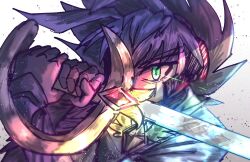 Rule 34 | 1boy, antenna hair, armor, arms up, clenched hands, close-up, coat, covered mouth, dappled sunlight, different reflection, eyes in shadow, facial mark, facing to the side, gem, gengba1661, green eyes, hands up, highres, holding, holding sword, holding weapon, light particles, looking to the side, male focus, one eye covered, popped collar, red gemstone, reflection, reflective surface, shoulder armor, spiked hair, sunlight, sword, upper body, weapon, white arm warmers, white background, white coat, white hair, yu-gi-oh!, yu-gi-oh! go rush!!, yudias velgear
