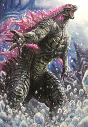 Rule 34 | absurdres, bioluminescence, claws, elbow spikes, fangs, g.n.a, giant, giant monster, gills, glowing, godzilla, godzilla (monsterverse), godzilla (series), godzilla evolved, godzilla x kong: the new empire, highres, jaw, kaiju, king kong (series), legendary pictures, long tail, monster, monsterverse, muscular, no humans, open mouth, scales, sharp teeth, spiked tail, spines, tail, teeth, toho