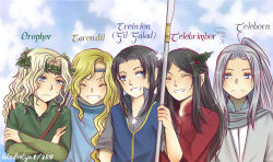 2018 5boys arrow_(projectile) artist_name black_hair blonde_hair blue_eyes celeborn celebrimbor character_name closed_eyes closed_mouth cloud cloudy_sky collar crossed_arms dated earendil elf eyelashes frown gil-galad grey_hair hair_ornament headband holding long_hair looking_at_another looking_at_viewer looking_down male_focus multiple_boys oropher outdoors parted_bangs parted_lips pointy_ears sky smile sweat sweatdrop teeth the_silmarillion tolkien&#039;s_legendarium upper_body windrelyn wing_collar wreath