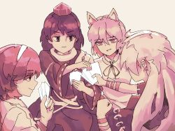 4girls animal_ears black_neckwear bow bowtie card coat fox_ears hairband hat highres himemushi_momoyo iizunamaru_megumu kudamaki_tsukasa mullet multiple_girls sepia smile tenkyuu_chimata tokin_hat touhou unconnected_marketeers wasabisuke wristband