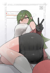1girl ace_trainer_(female)_(pokemon_oras) ace_trainer_(pokemon) ass azz0422 black_gloves black_skirt blush breasts gloves green_eyes green_hair highres jacket large_breasts long_hair looking_at_viewer nintendo open_clothes open_jacket pokemon pokemon_oras shirt skirt solo thighs underboob white_shirt