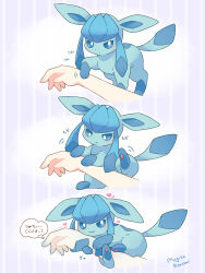 1boy artist_name blue_eyes blue_fur blush bright_pupils commentary_request disembodied_hand english_text gen_4_pokemon glaceon heart highres looking_at_viewer mugita_konomi multiple_views nintendo pokemon pokemon_(creature) purple_background speech_bubble striped_background thought_bubble two-tone_background white_background white_pupils