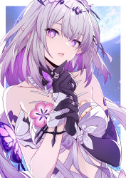 1girl breasts bug butterfly castorice_(honkai:_star_rail) collarbone crown dress elf eyebrows_hidden_by_hair eyes_visible_through_hair gloves hair_ornament highres honkai:_star_rail honkai_(series) insect large_breasts lips own_hands_together pointy_ears porikeracchou purple_eyes purple_hair short_hair solo teeth
