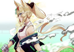 1girl absurdres animal_ears artist_self-insert aura bare_shoulders blonde_hair blurry blurry_background brown_hair brown_necktie commentary_request commission cropped_shirt ear_ornament from_side genderswap genderswap_(mtf) glowing grass green_jacket high_ponytail highres horse_ears horse_girl horse_racing_track horse_tail horseshoe_print jacket midriff multicolored_hair navel necktie off-shoulder_jacket off_shoulder open_clothes open_jacket original pixiv_commission ponytail shirt short_necktie short_sleeves sidelocks sleeveless sleeveless_shirt solo steam streaked_hair tail two-tone_hair umamusume upper_body white_shirt wrist_cuffs yu&#039;nyanko-chan_(yu&#039;nyanko) yunekoko