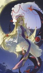 1girl absurdres blonde_hair bow commentary crescent_moon dress gap_(touhou) hair_bow hat hat_ribbon highres holding holding_umbrella long_hair long_sleeves looking_at_viewer mob_cap moon night night_sky open_mouth parasol purple_eyes purple_tabard red_bow red_shoes ribbon risabellej shoes sky smile solo star_(sky) tabard touhou umbrella very_long_hair white_dress wide_sleeves yakumo_yukari