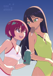 2girls ;d amate_yuzuriha bikini black_hair blue_dress breasts commentary_request dress food food_in_mouth gradient_background green_eyes green_one-piece_swimsuit gundam gundam_gquuuuuux highres holding long_hair looking_at_another mouth_hold multiple_girls nyaan_(gundam_gquuuuuux) one-piece_swimsuit one_eye_closed open_mouth popsicle popsicle_in_mouth red_hair rustle short_hair small_breasts smile swimsuit white_bikini